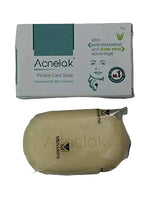 A bar of Acelak Pimple Care Soap by Messrini in clear plastic packaging, shown below its white and teal cardboard box on a light gray background.