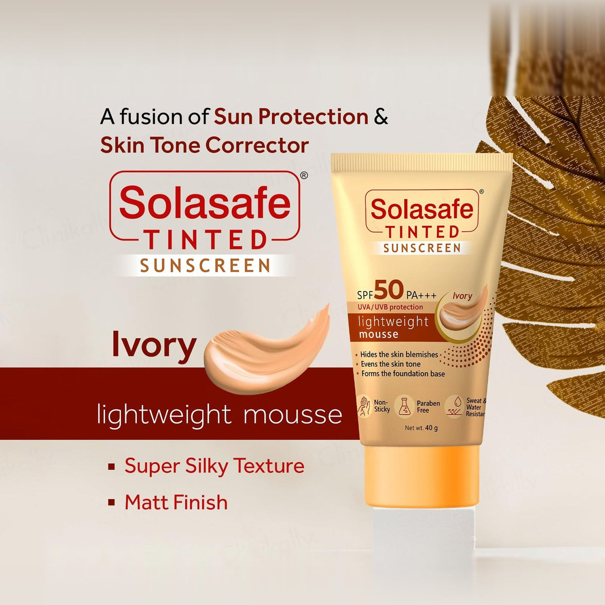 Solasafe Tinted Lightweight Mousse Sunscreen SPF 50 PA+++ (Ivory)